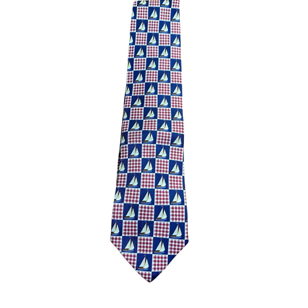 Lands’ End 100% Silk Men’s Red White Checks Sailing Ships Necktie - Made In USA